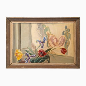 Floral & Figurine, Oil Painting, 1950s, Framed