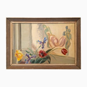 Floral & Figurine, Peinture à l'Huile, 1950s, Encadré