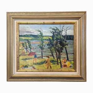 Lakeside Joy, pintura al óleo, años 50, enmarcado