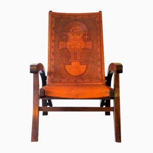 Teak and Tooled Leather Folding Chair by Angel I. Pazmino for Muebles De Estilo, 1970s