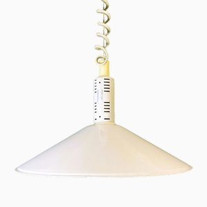 Large Scandinavian Modern Glossy White Pull Down Dining Room Lamp by Lival, Finland, 1990s