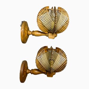 Mid-Century Portuguese Wood and Straw Wall Sconces, 1970s, Set of 2