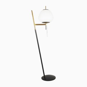 Black Metal, Brass & White Glass Floor Lamp attributed to Stilnovo, 1950s