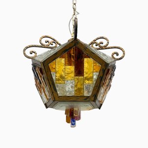 Brutalist Hanging Light in Murano Glass and Wrought Iron, 1960