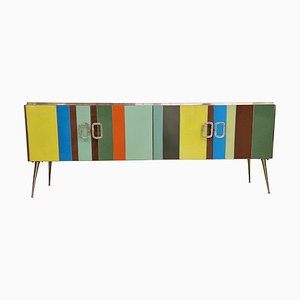 Credenza con quattro ante in vetro multicolore, anni '80