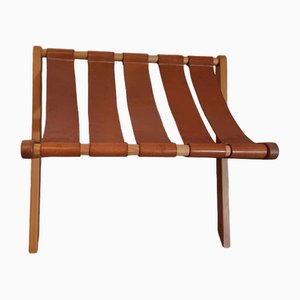 Taburete de cuero y madera, años 70