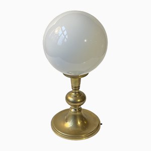 Scandinavian Brass Table Lamp with White Spherical Opaline Glass Shade