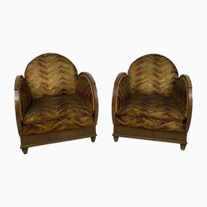 Italian Art Deco Armchairs in Briarwood and Damask Fabric, 1940s, Set of 2