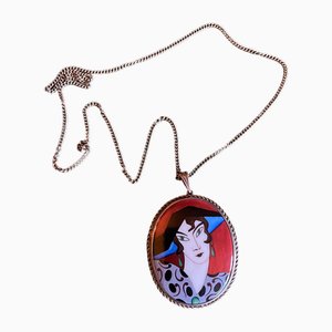 Art Deco Chain with Woman's Portrait Pendant in Painted Porcelain and Silver, 1920s