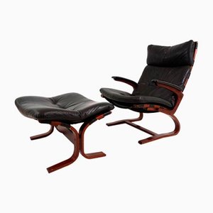 Leather Kengu Armchair with Ottoman by Elsa & Nordahl Solheim for Rybo Rykken, 1970s, Set of 2