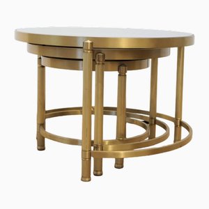 Round Smoked Glass and Brass Nesting Tables, France, 1970s, Set of 3