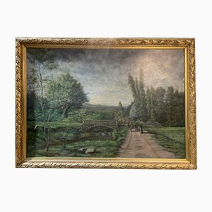 Gran paisaje de campo, del siglo XIX, pintura sobre lienzo, enmarcado