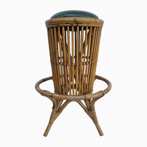 Wicker and Bamboo Stool with Leatherette Seat