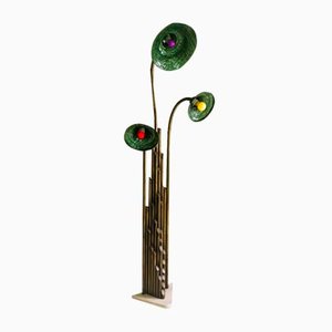 Large Art Nouveau Brass and Stone 3-Light Floor Lamp, 1930s