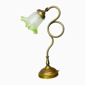 Portuguese Brass Table Lamp with Green Glass Tulip Shade, 1930s