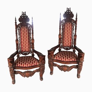 Handgeschnitzte Vintage Throneed Armlehnstühle mit Löwenköpfen, 2er Set