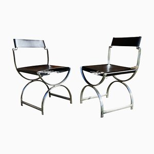 Chromium Plated Tubular Steel and Leather Roman Curule Side Chairs by Sir Ambrose Heal for Heal's, 1930s, Set of 2