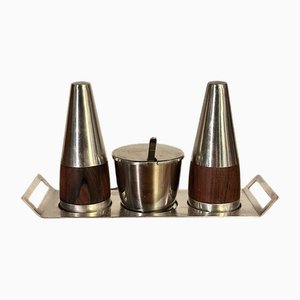 Set di oliere in palissandro e argento di Arne Jacobsen per Stelton, Danimarca, 1962, set di 6