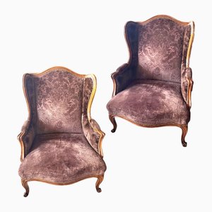 English Walnut and Velvet Upholstered Armcairs, Set of 2