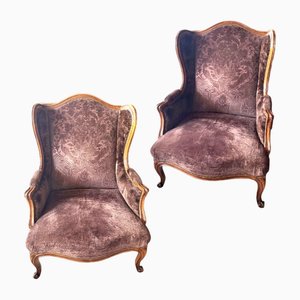 Fauteuils Tapissés en Noyer et Velours, Angleterre, Set de 2