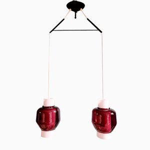 Lampada da soffitto doppia in vetro opalino bianco e ametista, Scandinavia, anni '60