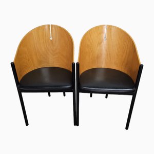 Costes Model Chairs with Black Tinted Metal Structure, Black Leather Seat and Bamboo-Effect Wood Back by Philippe Starck, 1980s, Set of 2