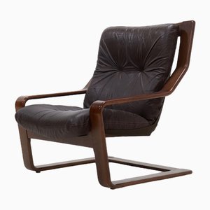 Sillón escandinavo de madera curvada y cuero, años 60