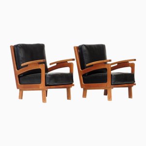 Mid-Century Modern Lounge Armchairs in Black Leather, 1970s, Set of 2
