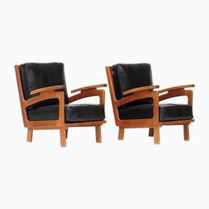 Poltrone Mid-Century moderne in pelle nera, anni '70, set di 2