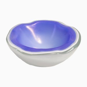 Iridescent Cornflower Blue and White Murano Glass Trinket Bowl or Ashtray, 1950s