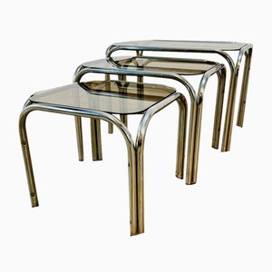 Vintage Smoked Glass and Chrome Nesting Tables, 1970s, Set of 3