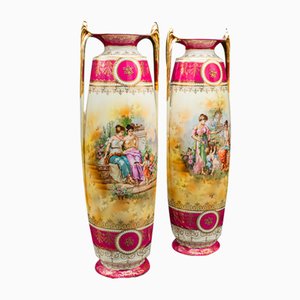Tall Antique Austrian Stem Vases in Ceramic, Set of 2
