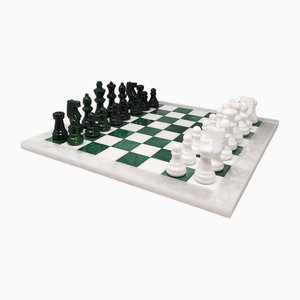 Juego de ajedrez italiano verde y blanco de alabastro Volterra, años 70. Juego de 33
