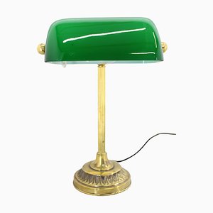 Art Deco Brass Banker Table Lamp with Glass Shade, Former Czechoslovakia, 1930s