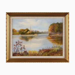 Jean Harrison, Lake Scene in Northern Ireland with Village Church, 1985, Oil Painting, Framed