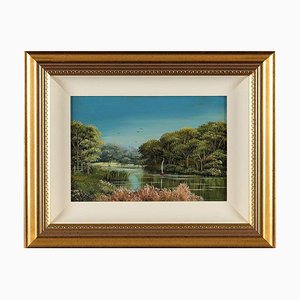 Linda D Brooks, English River Scene, 1980, Miniature Oil Painting, Framed
