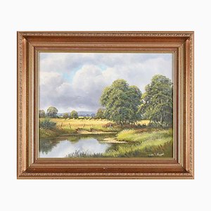 John S Haggan, River Landscape with Rain Clouds in Ireland, 1985, Oil Painting, Framed