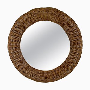 Miroir Rond Style Riviera en Rotin Tissé, France, 1950s