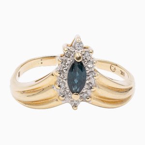 Vintage 14k Yellow Gold V Ring with Marquise Sapphire and Diamonds, 1970s