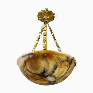 French Amber Color Alabaster and Brass Pendant Light, 1930s