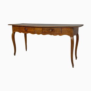 Italian Wooden Table with 2 Drawers, Brass Handle and Wavy Legs, 1700s
