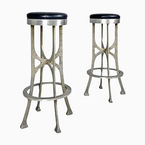 Italian Brutalist High Stools in Aluminum and Black Leather, 1940s, Set of 2