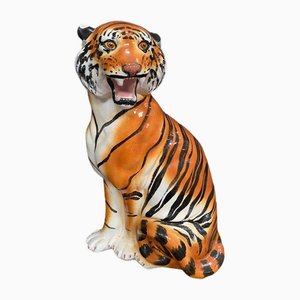 Tiger Skulptur aus handbemalter Keramik, 1970er