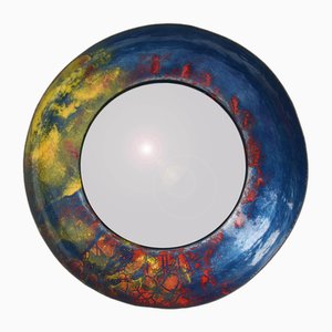 Blue, Red and Yellow Enameled Copper Mirror by Paolo De Poli, Italy, 1956
