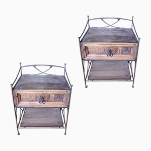 Vintage Wrought Iron and Wood Nightstands, Set of 2