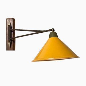 Mid-Century Dutch Adjustable Swing Arm Wall Lamp in Teak, Metal and Brass, 1960s