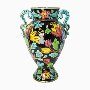 Vase Mid-Century en Céramique avec Décoration Florale par Cérart Monaco, France, 1960s