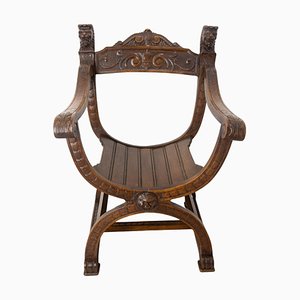 Fauteuil Curule Néogothique en Châtaigner avec Têtes de Lion, France, 1900s