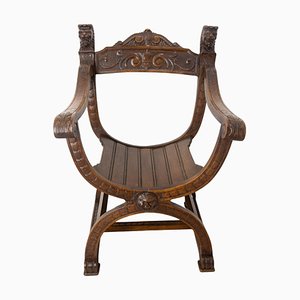 French Neogothic Chestnut Curule Armchair with Lionheads, 1900s