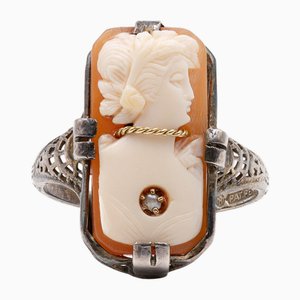 14 Karat Gold and Silver Ring with Cameo on Shell, 1920s